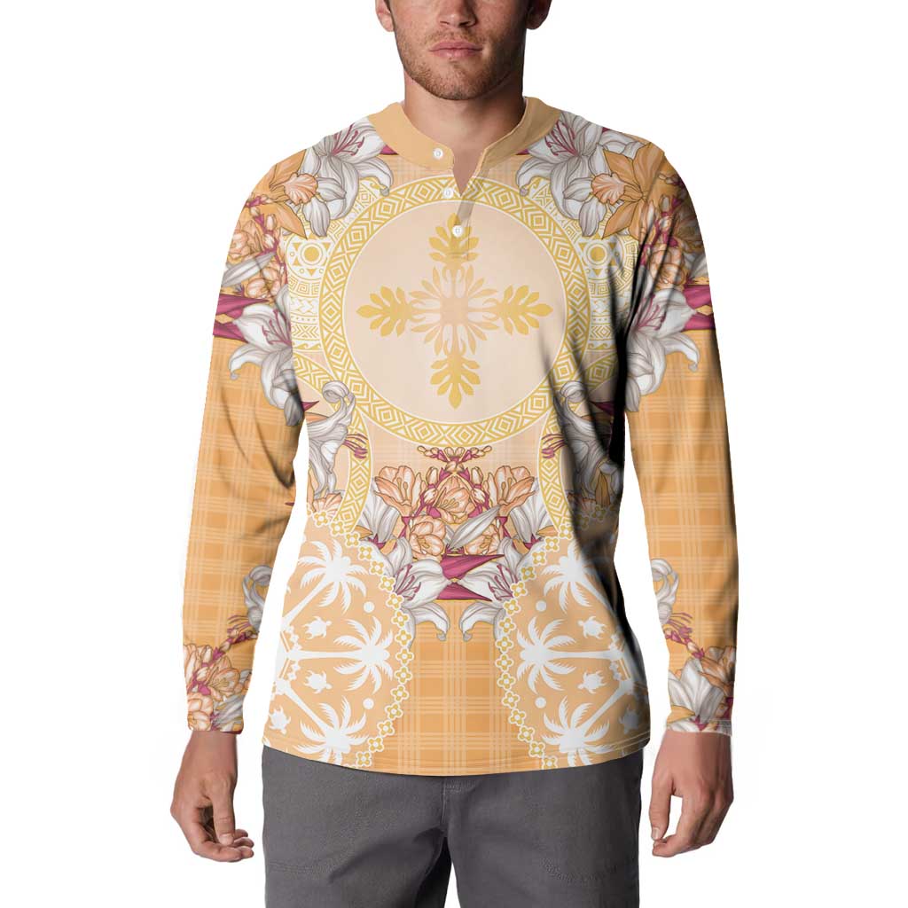 Hawaii Peach Palaka Button Sweatshirt With Tapa Pattern Tropical Flowers LT05 - Polynesian Pride