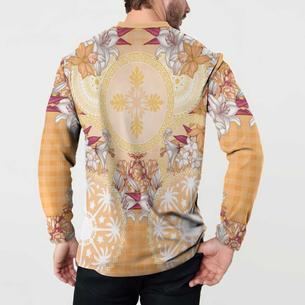 Hawaii Peach Palaka Button Sweatshirt With Tapa Pattern Tropical Flowers LT05 - Polynesian Pride