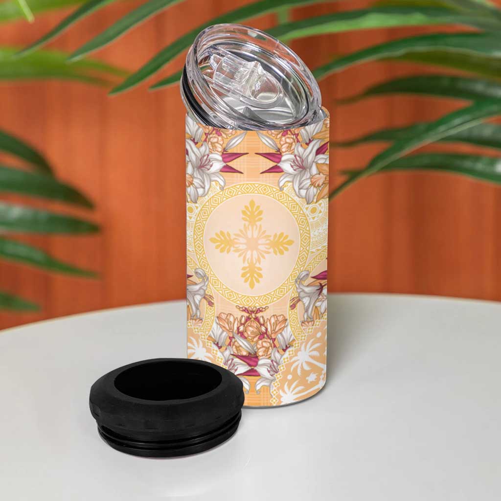 Hawaii Peach Palaka 4 in 1 Can Cooler Tumbler With Tapa Pattern Tropical Flowers - Polynesian Pride