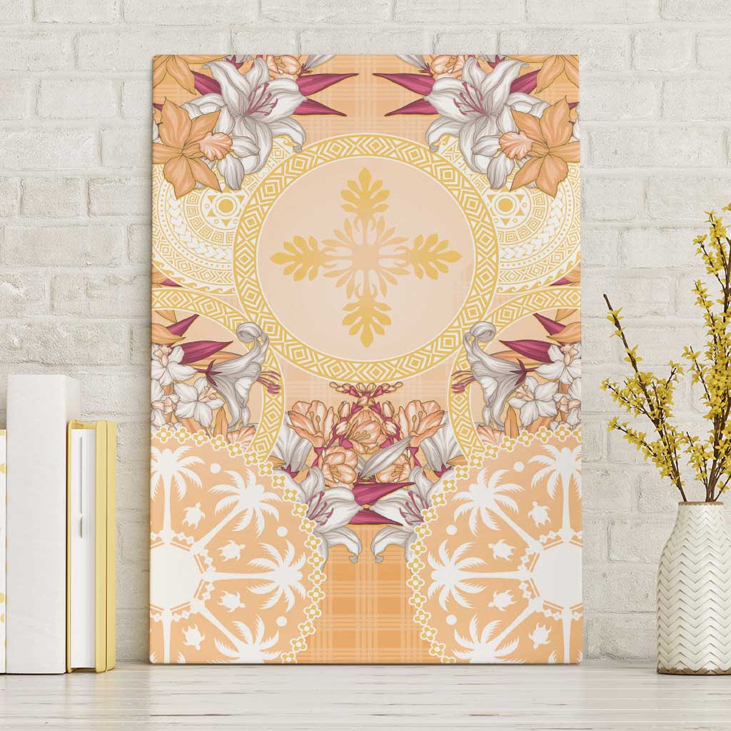 Hawaii Peach Palaka Canvas Wall Art With Tapa Pattern Tropical Flowers LT05 Without Frame Peach - Polynesian Pride