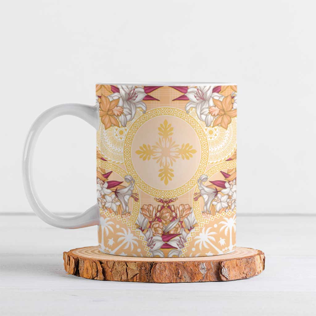 Hawaii Peach Palaka Ceramic Mug With Tapa Pattern Tropical Flowers LT05 Peach - Polynesian Pride
