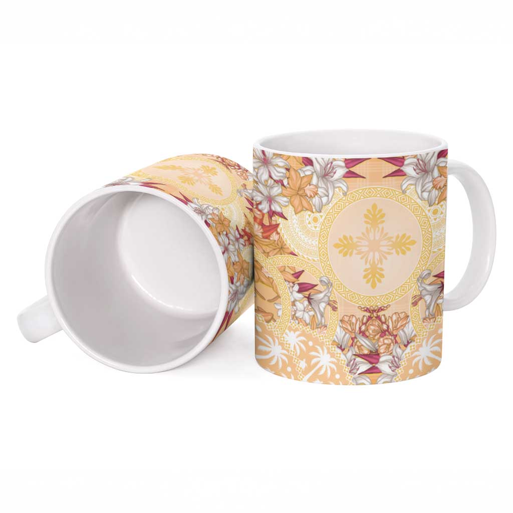 Hawaii Peach Palaka Ceramic Mug With Tapa Pattern Tropical Flowers LT05 - Polynesian Pride