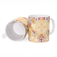 Hawaii Peach Palaka Ceramic Mug With Tapa Pattern Tropical Flowers LT05 - Polynesian Pride