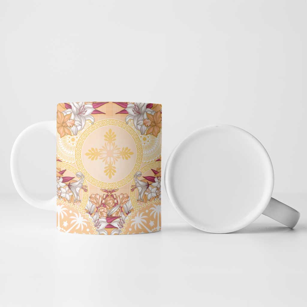Hawaii Peach Palaka Ceramic Mug With Tapa Pattern Tropical Flowers LT05 - Polynesian Pride