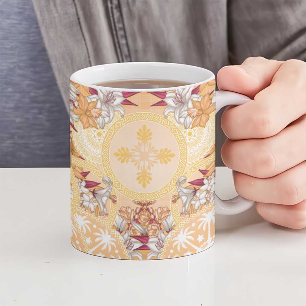 Hawaii Peach Palaka Ceramic Mug With Tapa Pattern Tropical Flowers LT05 - Polynesian Pride