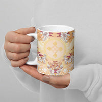 Hawaii Peach Palaka Ceramic Mug With Tapa Pattern Tropical Flowers LT05 - Polynesian Pride