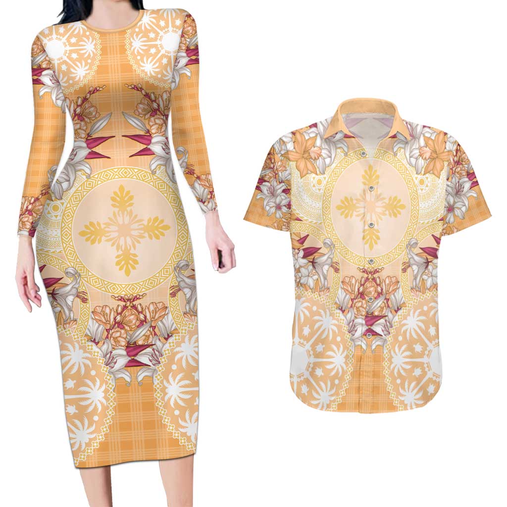 Hawaii Peach Palaka Couples Matching Long Sleeve Bodycon Dress and Hawaiian Shirt With Tapa Pattern Tropical Flowers - Polynesian Pride
