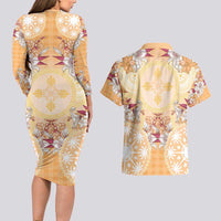 Hawaii Peach Palaka Couples Matching Long Sleeve Bodycon Dress and Hawaiian Shirt With Tapa Pattern Tropical Flowers - Polynesian Pride