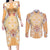 Hawaii Peach Palaka Couples Matching Long Sleeve Bodycon Dress and Long Sleeve Button Shirt With Tapa Pattern Tropical Flowers - Polynesian Pride