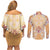 Hawaii Peach Palaka Couples Matching Off Shoulder Short Dress and Long Sleeve Button Shirt With Tapa Pattern Tropical Flowers - Polynesian Pride