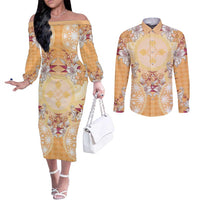 Hawaii Peach Palaka Couples Matching Off The Shoulder Long Sleeve Dress and Long Sleeve Button Shirt With Tapa Pattern Tropical Flowers - Polynesian Pride