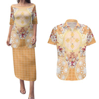 Hawaii Peach Palaka Couples Matching Puletasi and Hawaiian Shirt With Tapa Pattern Tropical Flowers LT05 Peach - Polynesian Pride