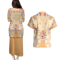 Hawaii Peach Palaka Couples Matching Puletasi and Hawaiian Shirt With Tapa Pattern Tropical Flowers LT05 - Polynesian Pride