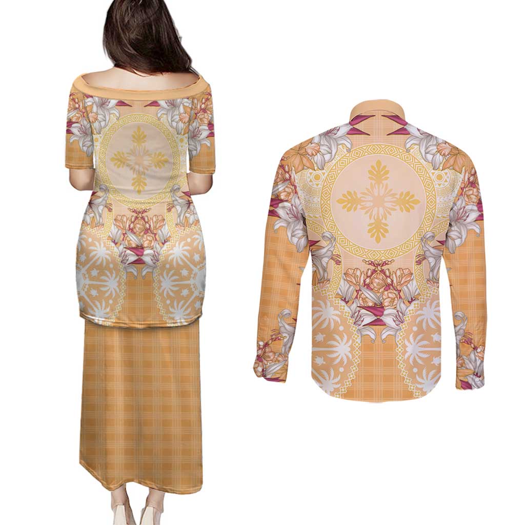Hawaii Peach Palaka Couples Matching Puletasi and Long Sleeve Button Shirt With Tapa Pattern Tropical Flowers LT05 - Polynesian Pride