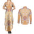 Hawaii Peach Palaka Couples Matching Summer Maxi Dress and Long Sleeve Button Shirt With Tapa Pattern Tropical Flowers - Polynesian Pride