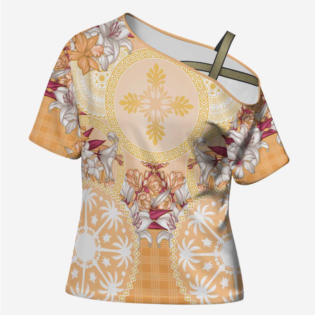 Hawaii Peach Palaka Cross Shoulder Shirt With Tapa Pattern Tropical Flowers LT05 Female Peach - Polynesian Pride