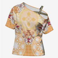 Hawaii Peach Palaka Cross Shoulder Shirt With Tapa Pattern Tropical Flowers LT05 Female Peach - Polynesian Pride