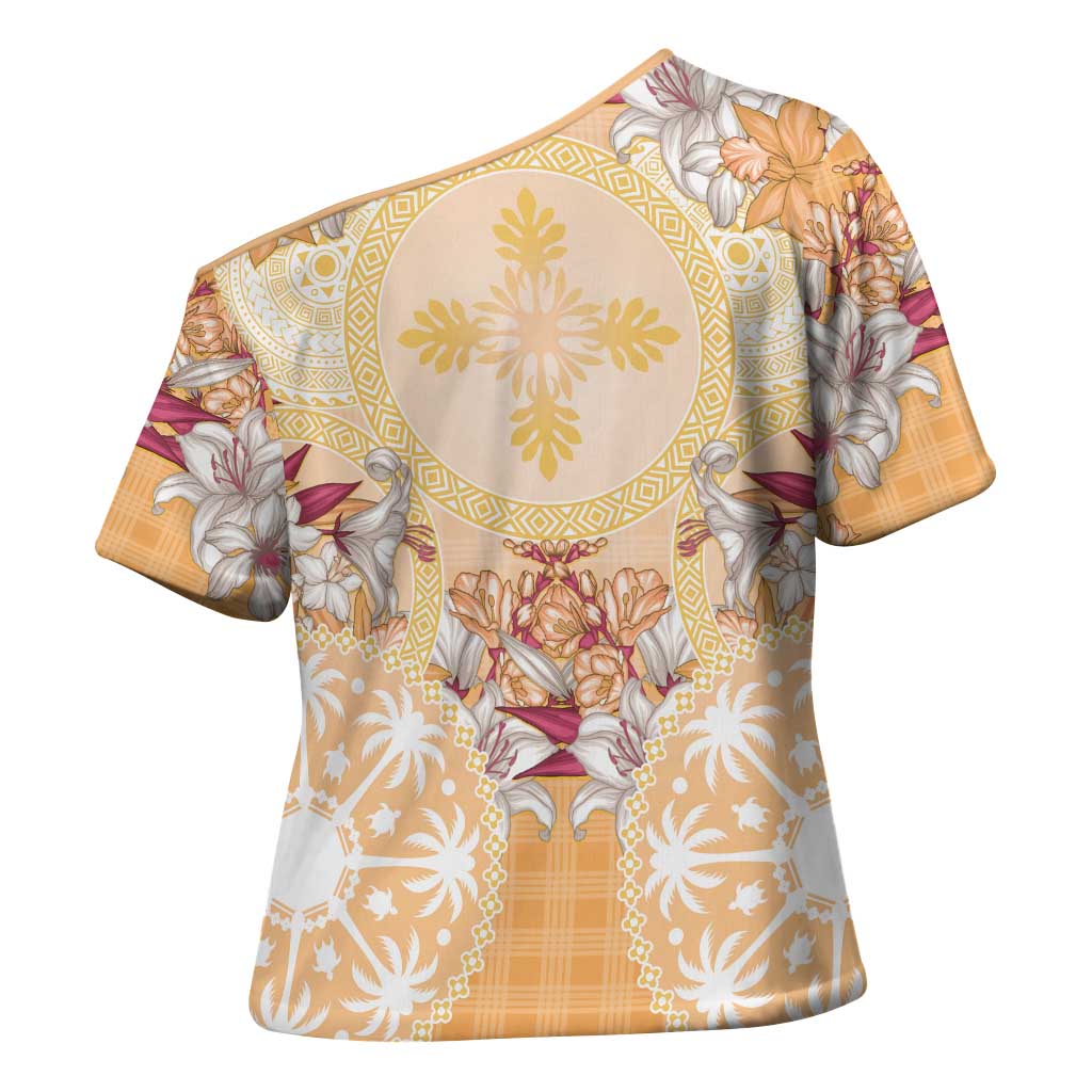 Hawaii Peach Palaka Cross Shoulder Shirt With Tapa Pattern Tropical Flowers LT05 - Polynesian Pride