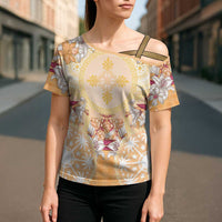 Hawaii Peach Palaka Cross Shoulder Shirt With Tapa Pattern Tropical Flowers LT05 - Polynesian Pride
