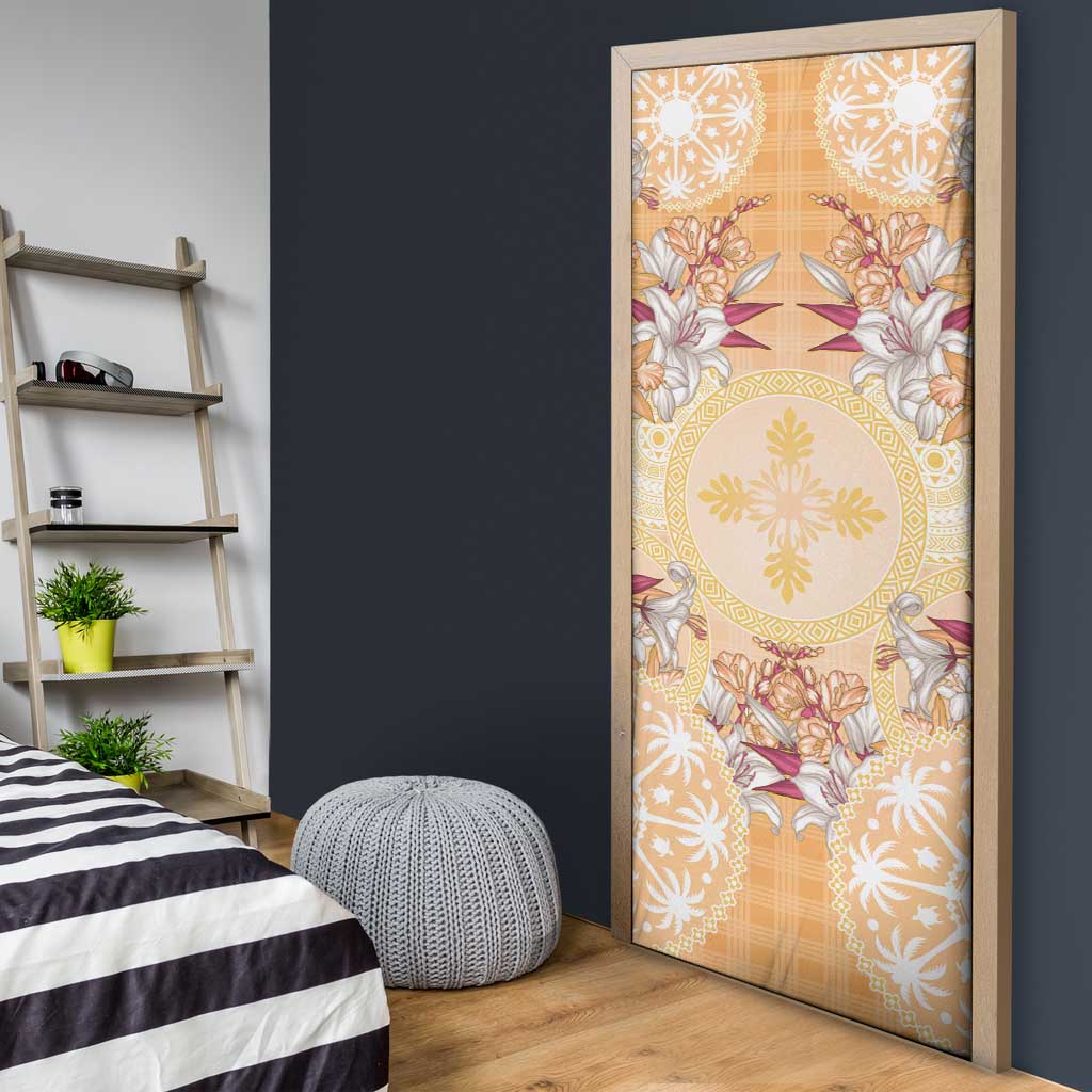 Hawaii Peach Palaka Door Cover With Tapa Pattern Tropical Flowers - Polynesian Pride