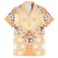 Hawaii Peach Palaka Family Matching Off The Shoulder Long Sleeve Dress and Hawaiian Shirt With Tapa Pattern Tropical Flowers - Polynesian Pride