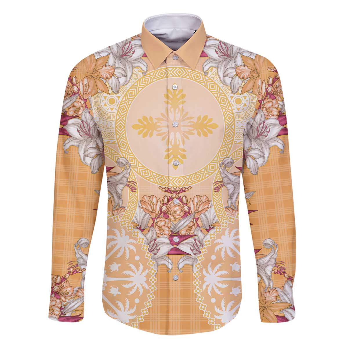 Hawaii Peach Palaka Family Matching Off The Shoulder Long Sleeve Dress and Hawaiian Shirt With Tapa Pattern Tropical Flowers - Polynesian Pride