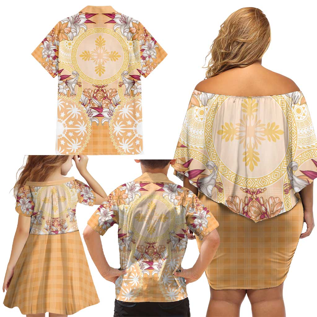 Hawaii Peach Palaka Family Matching Off Shoulder Short Dress and Hawaiian Shirt With Tapa Pattern Tropical Flowers - Polynesian Pride