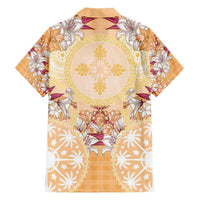 Hawaii Peach Palaka Family Matching Off Shoulder Short Dress and Hawaiian Shirt With Tapa Pattern Tropical Flowers - Polynesian Pride
