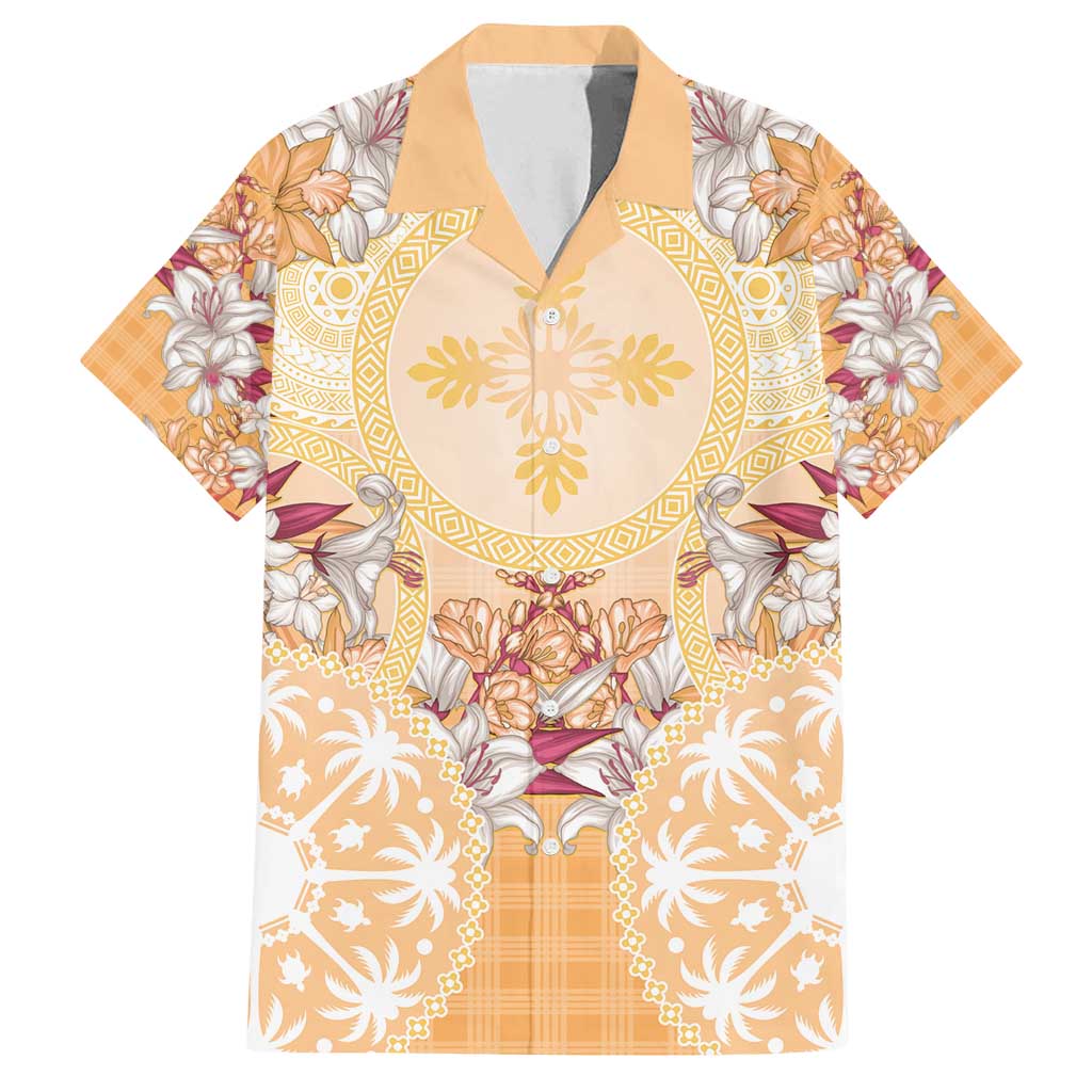 Hawaii Peach Palaka Family Matching Puletasi and Hawaiian Shirt With Tapa Pattern Tropical Flowers LT05 Dad's Shirt - Short Sleeve Peach - Polynesian Pride