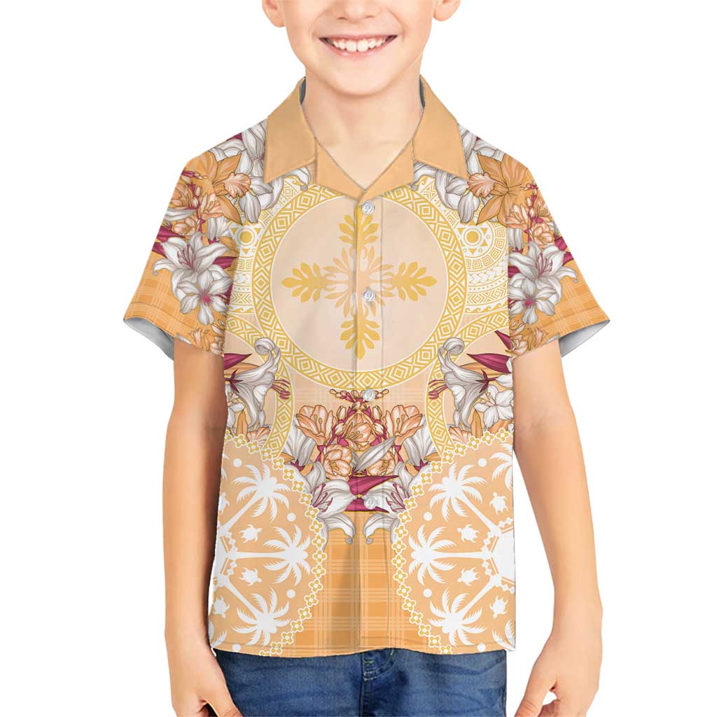 Hawaii Peach Palaka Family Matching Puletasi and Hawaiian Shirt With Tapa Pattern Tropical Flowers LT05 Son's Shirt Peach - Polynesian Pride