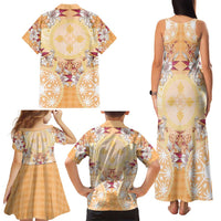 Hawaii Peach Palaka Family Matching Tank Maxi Dress and Hawaiian Shirt With Tapa Pattern Tropical Flowers - Polynesian Pride