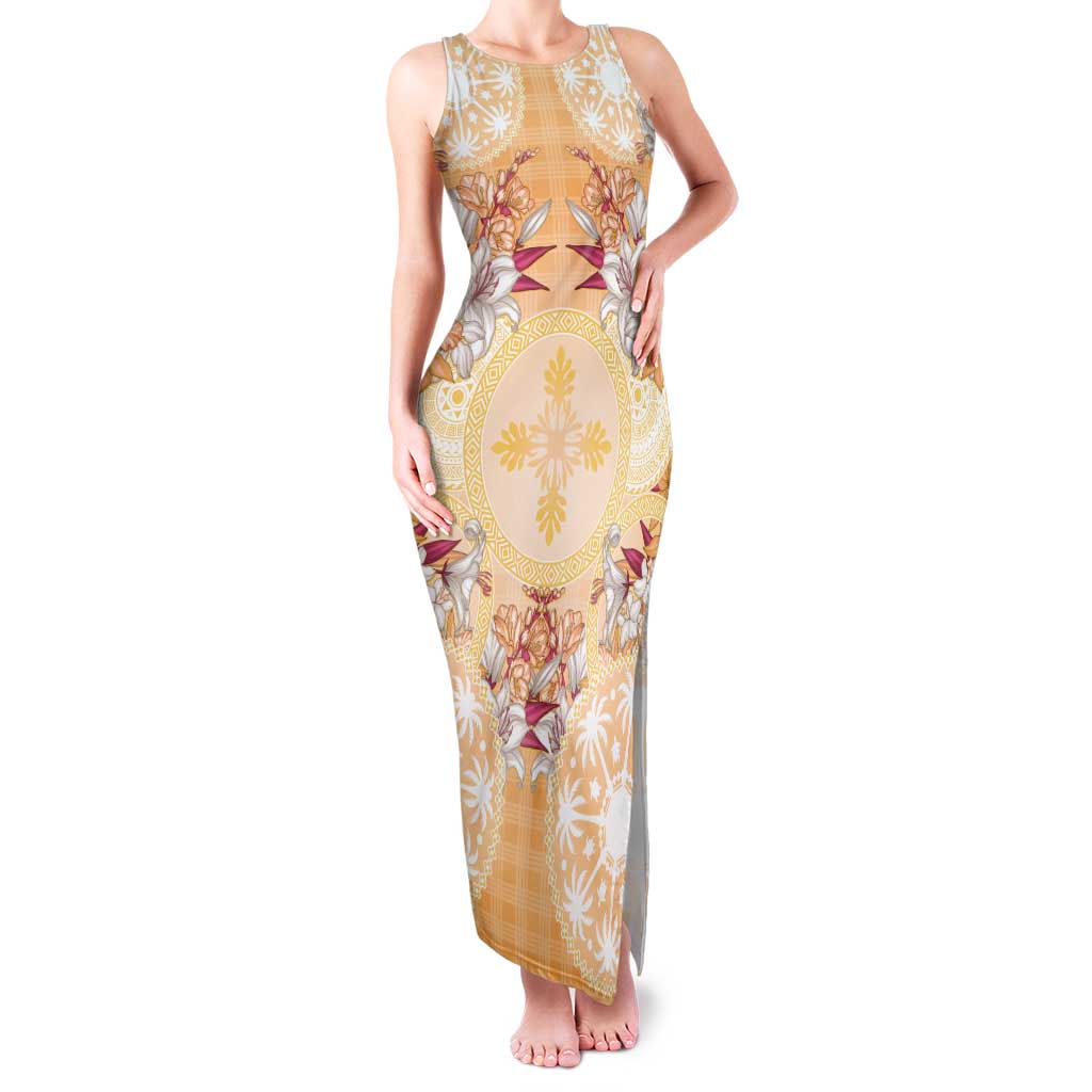 Hawaii Peach Palaka Family Matching Tank Maxi Dress and Hawaiian Shirt With Tapa Pattern Tropical Flowers - Polynesian Pride