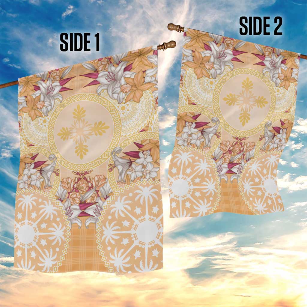 Hawaii Peach Palaka Garden Flag With Tapa Pattern Tropical Flowers - Polynesian Pride