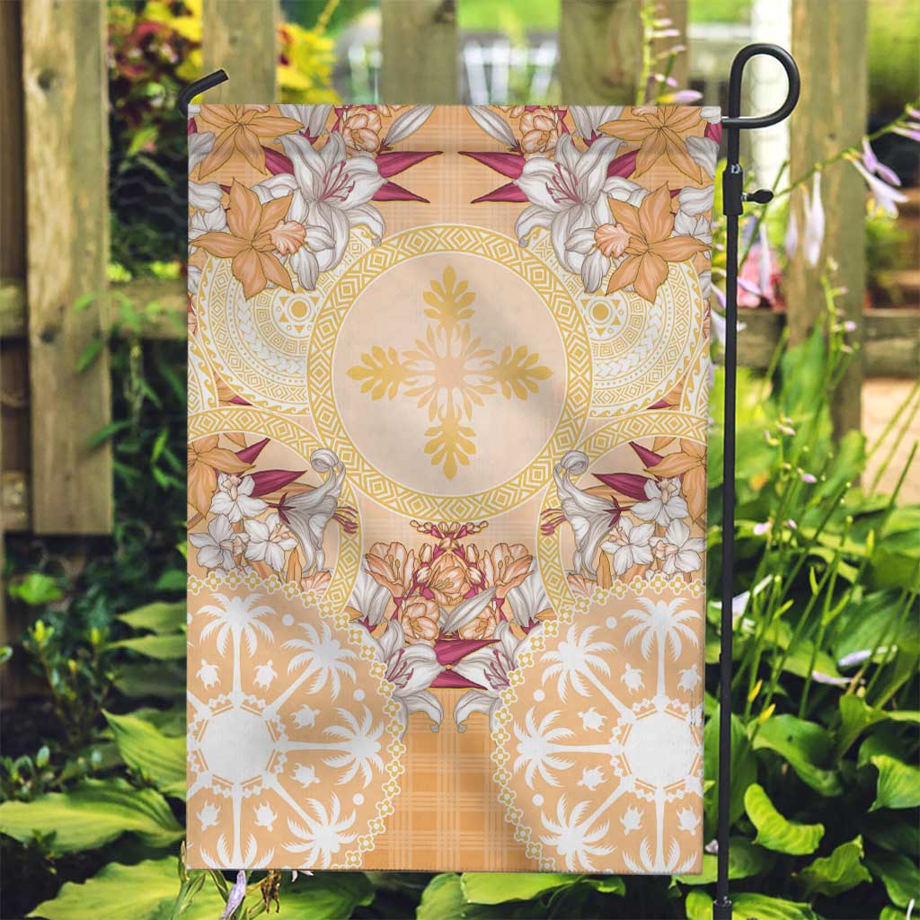 Hawaii Peach Palaka Garden Flag With Tapa Pattern Tropical Flowers - Polynesian Pride