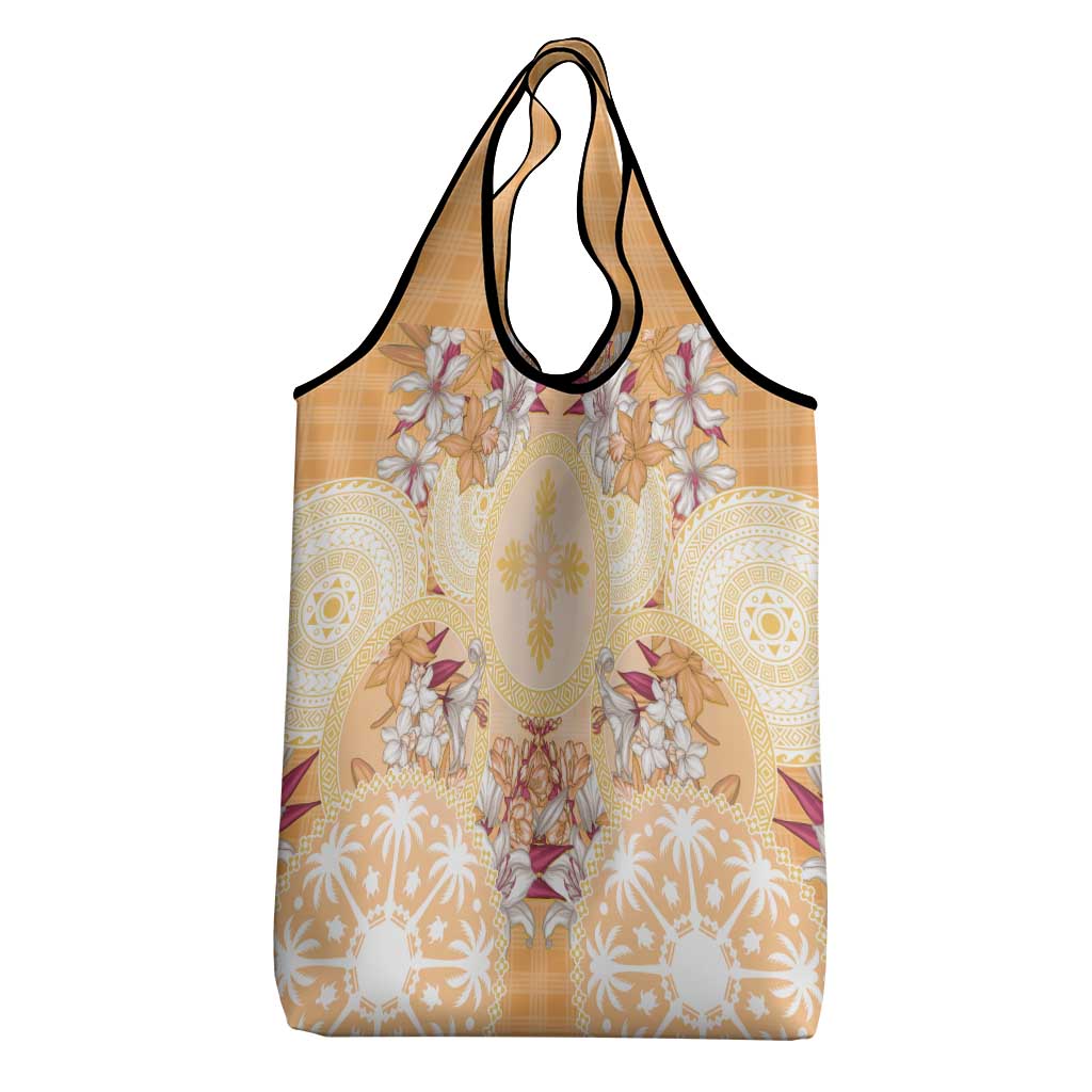Hawaii Peach Palaka Grocery Bag With Tapa Pattern Tropical Flowers - Polynesian Pride
