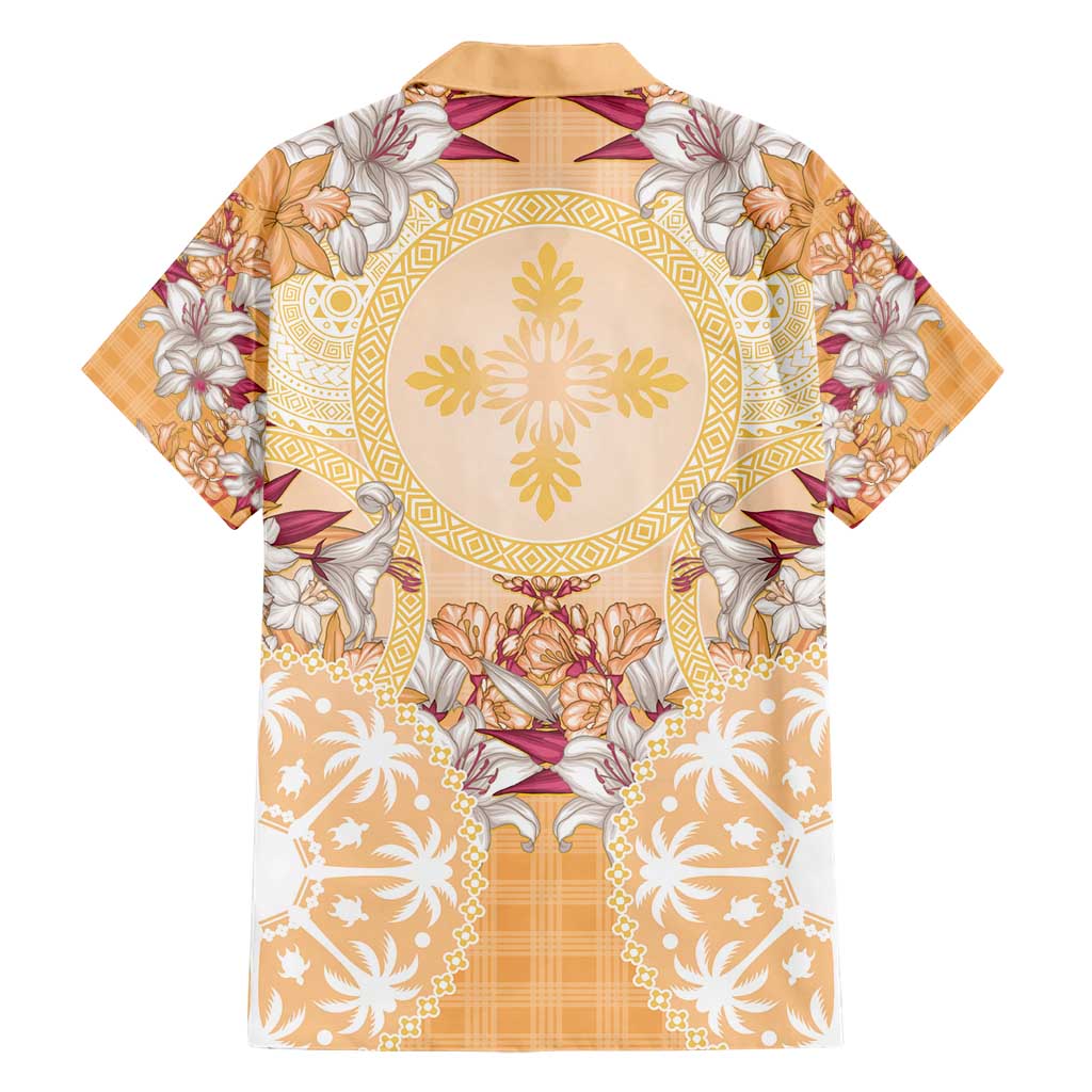 Hawaii Peach Palaka Hawaiian Shirt With Tapa Pattern Tropical Flowers - Polynesian Pride