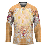 Hawaii Peach Palaka Hockey Jersey With Tapa Pattern Tropical Flowers LT05 Unisex Peach - Polynesian Pride