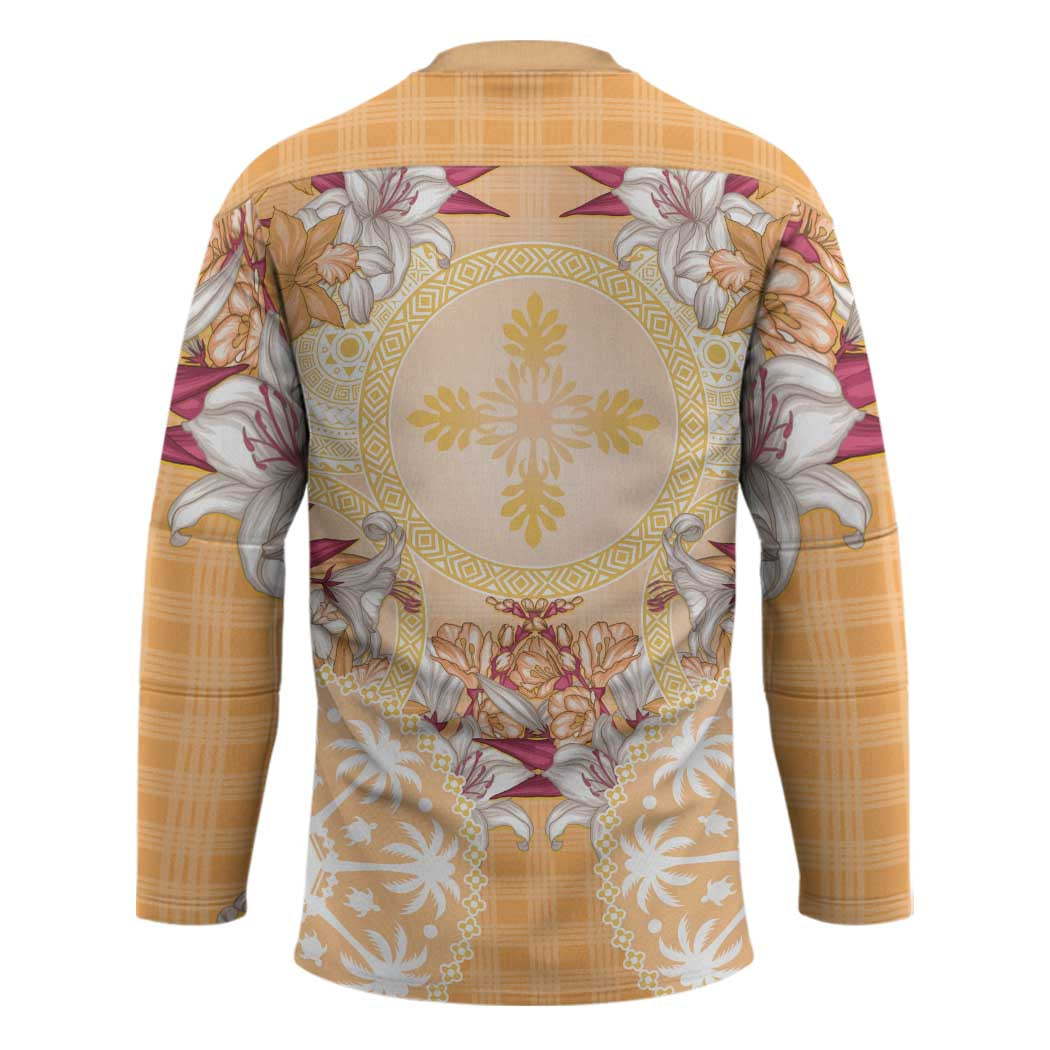 Hawaii Peach Palaka Hockey Jersey With Tapa Pattern Tropical Flowers LT05 - Polynesian Pride