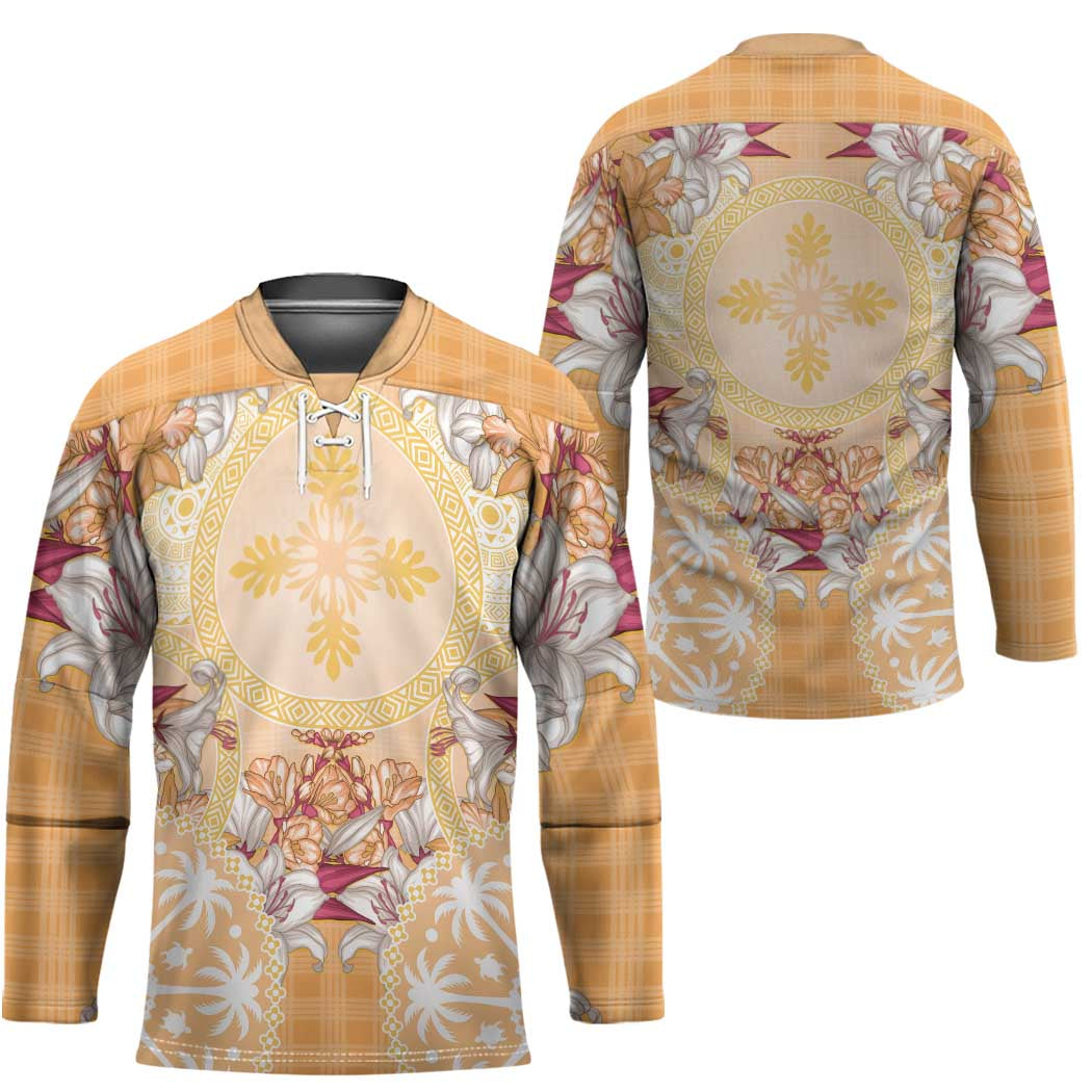 Hawaii Peach Palaka Hockey Jersey With Tapa Pattern Tropical Flowers LT05 - Polynesian Pride