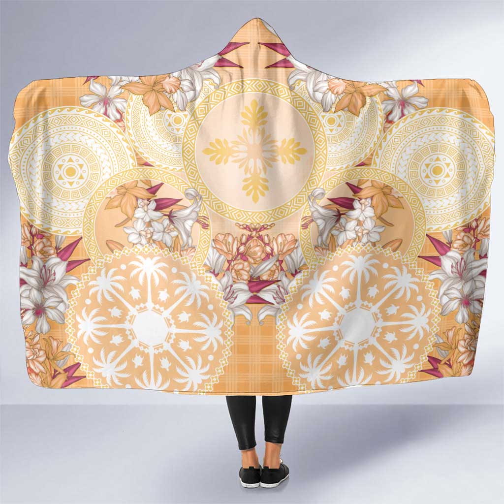 Hawaii Peach Palaka Hooded Blanket With Tapa Pattern Tropical Flowers - Polynesian Pride