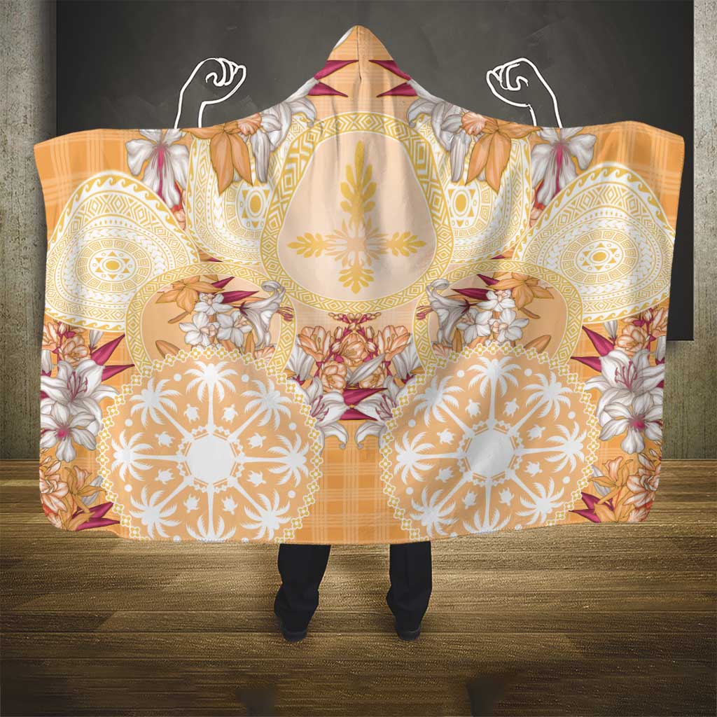 Hawaii Peach Palaka Hooded Blanket With Tapa Pattern Tropical Flowers - Polynesian Pride