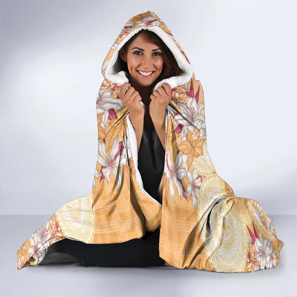 Hawaii Peach Palaka Hooded Blanket With Tapa Pattern Tropical Flowers - Polynesian Pride