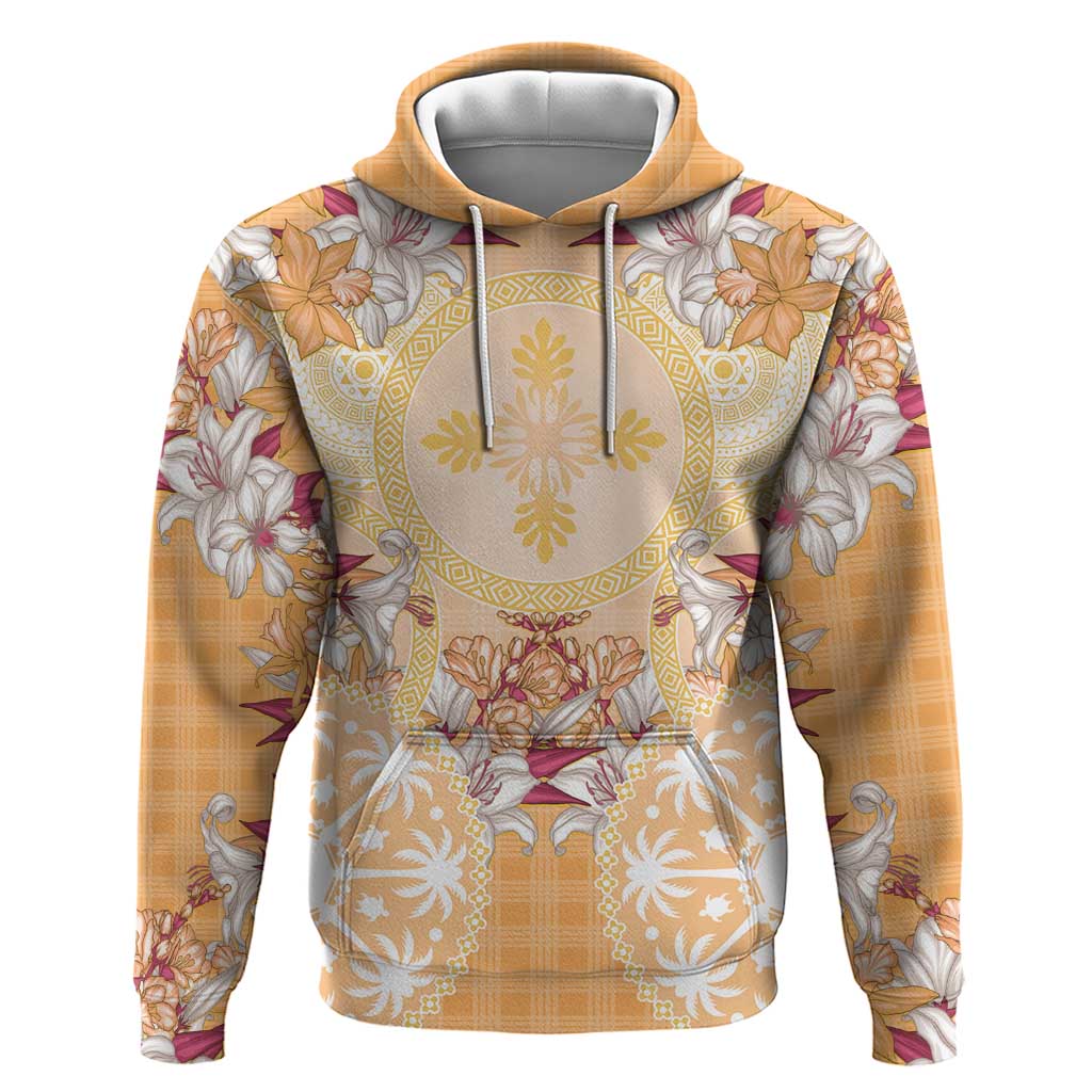 Hawaii Peach Palaka Hoodie With Tapa Pattern Tropical Flowers - Polynesian Pride