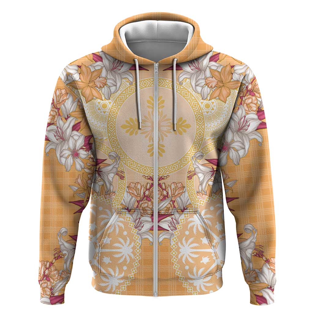 Hawaii Peach Palaka Hoodie With Tapa Pattern Tropical Flowers - Polynesian Pride