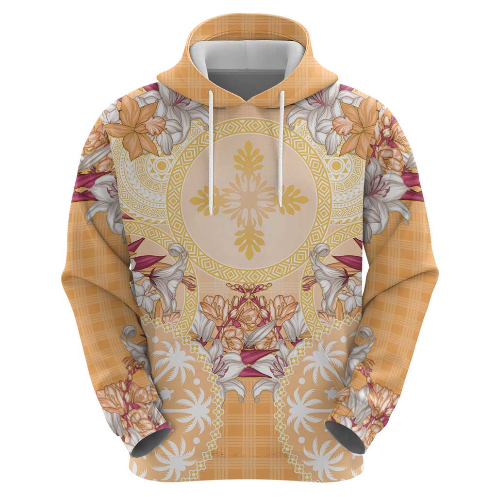 Hawaii Peach Palaka Hoodie With Tapa Pattern Tropical Flowers - Polynesian Pride