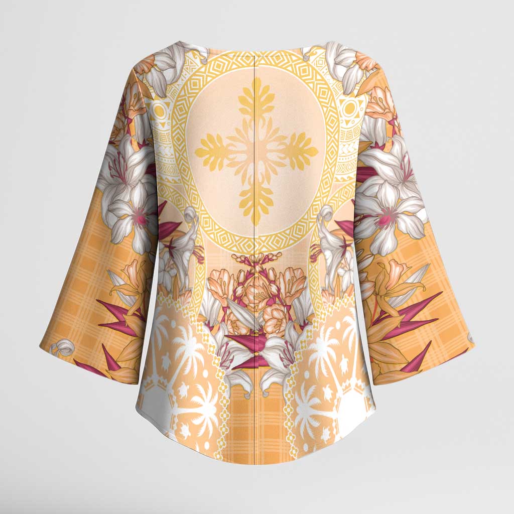 Hawaii Peach Palaka Kimono Sleeve Blouse With Tapa Pattern Tropical Flowers LT05 - Polynesian Pride