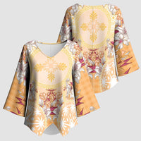 Hawaii Peach Palaka Kimono Sleeve Blouse With Tapa Pattern Tropical Flowers LT05 - Polynesian Pride