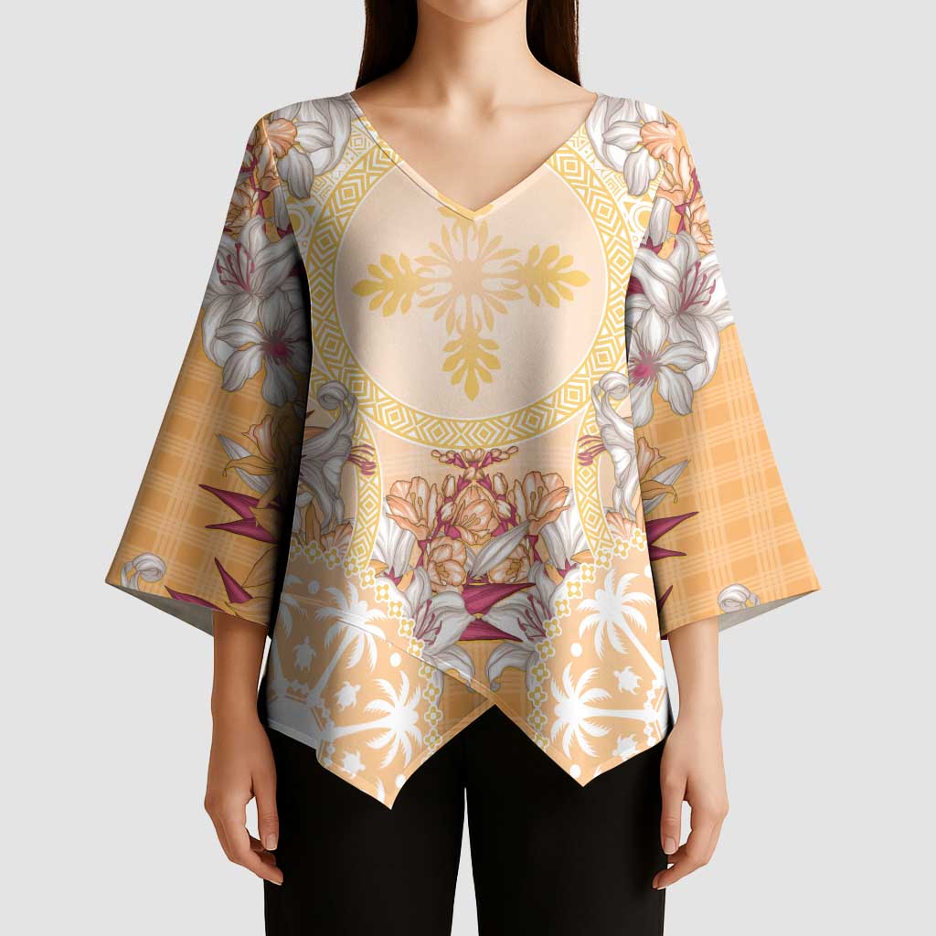 Hawaii Peach Palaka Kimono Sleeve Blouse With Tapa Pattern Tropical Flowers LT05 - Polynesian Pride