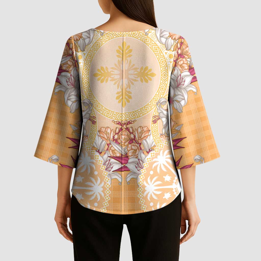 Hawaii Peach Palaka Kimono Sleeve Blouse With Tapa Pattern Tropical Flowers LT05 - Polynesian Pride