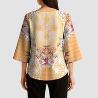 Hawaii Peach Palaka Kimono Sleeve Blouse With Tapa Pattern Tropical Flowers LT05 - Polynesian Pride